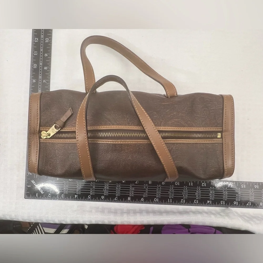 3016: Vintage Etro Brown Leather Barrel Satchel Shoulder Bag Italy - Picture 10 of 11